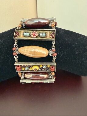Ayala Bar Mixed Media Mosaic Glass Bead Wide Bracelet 7.5” Signed Artisan